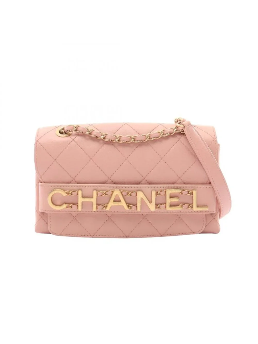 Chanel Shoulder Bag Quilted Logo Pink Lambskin Chain